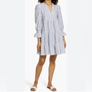 Eliza J Grey & White Striped Tiered 100% Cotton Dress, size 10